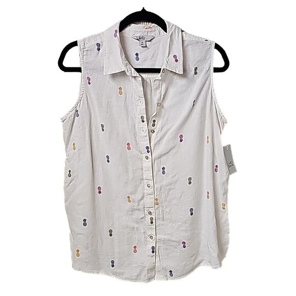Croft & Barrow Linen Blend Pineapple Sleeveless Button Down Top Womens M NEW - Picture 1 of 10